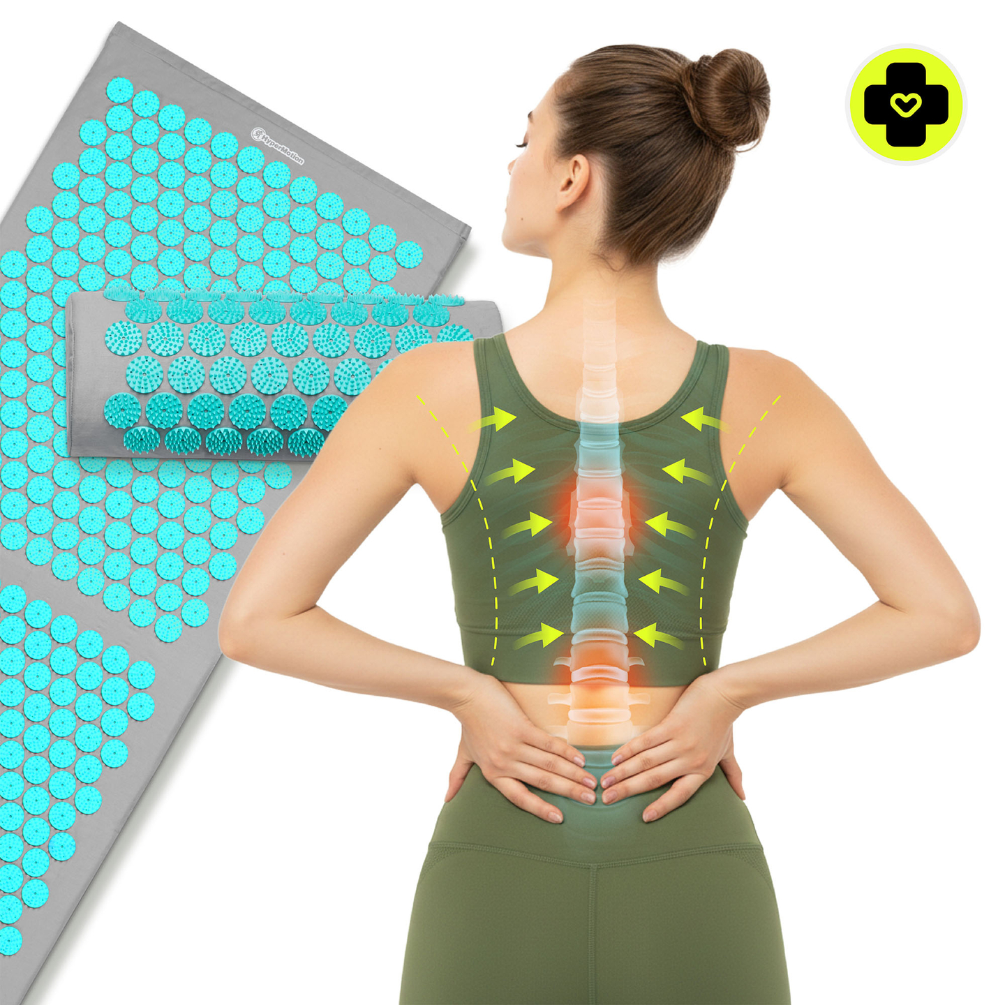 Esterilla de acupresión grande con almohada y funda - 130 cm HyperMotion gris-menta