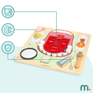 Tablero educativo Montessori de madera Pequeño Dentista: cepillo de dientes, pasta, dientes extraíbles, espejo, comida, sabores de aprendizaje