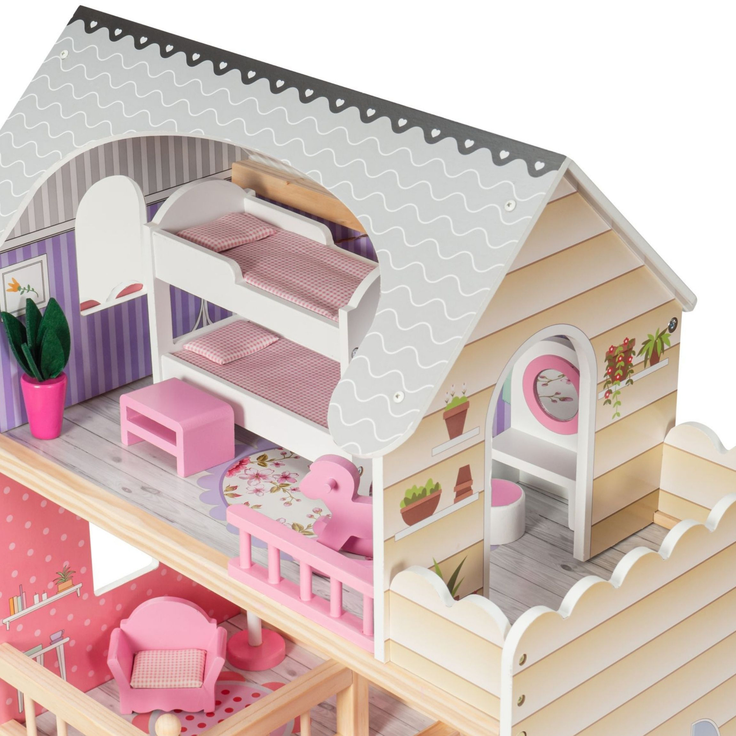 ¡Gran casa de muñecas de madera de 3 pisos con terraza, juego de muebles e iluminación LED!