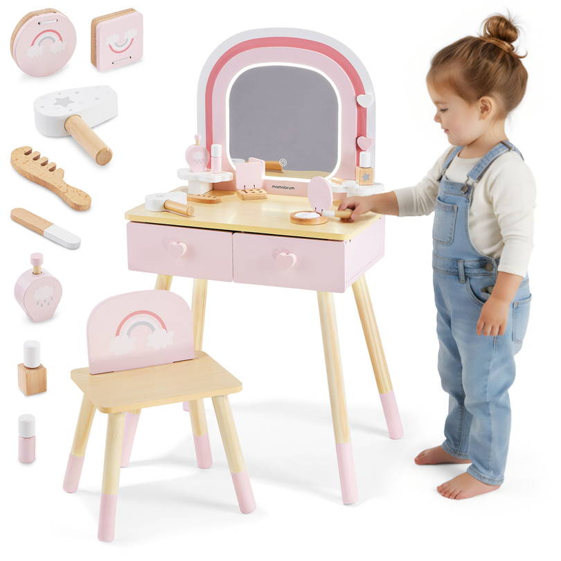 Tocador de madera para niños con iluminación LED con ajuste suave de brillo, silla y accesorios.