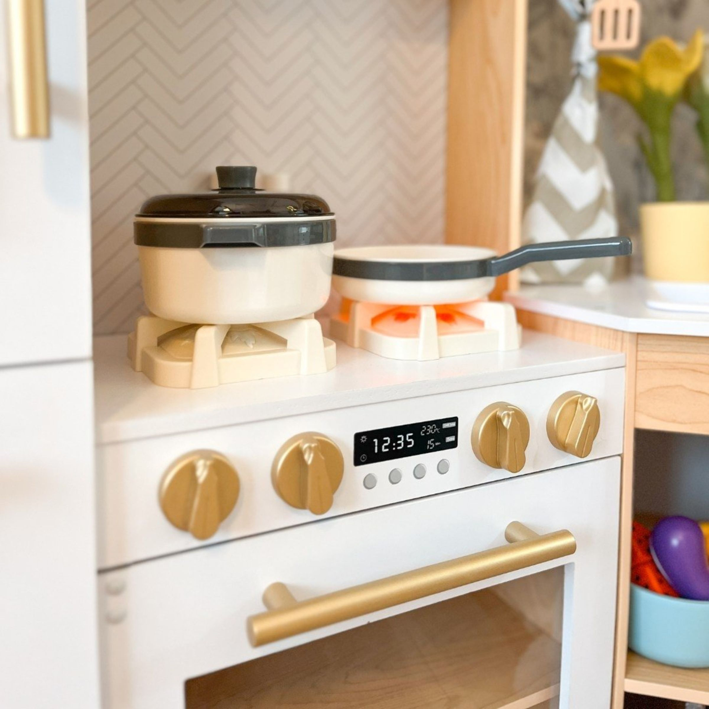 XXXXL gran cocina interactiva de madera con iluminación LED, lavadora microondas cafetera y juego de frutas y verduras - 50 elementos