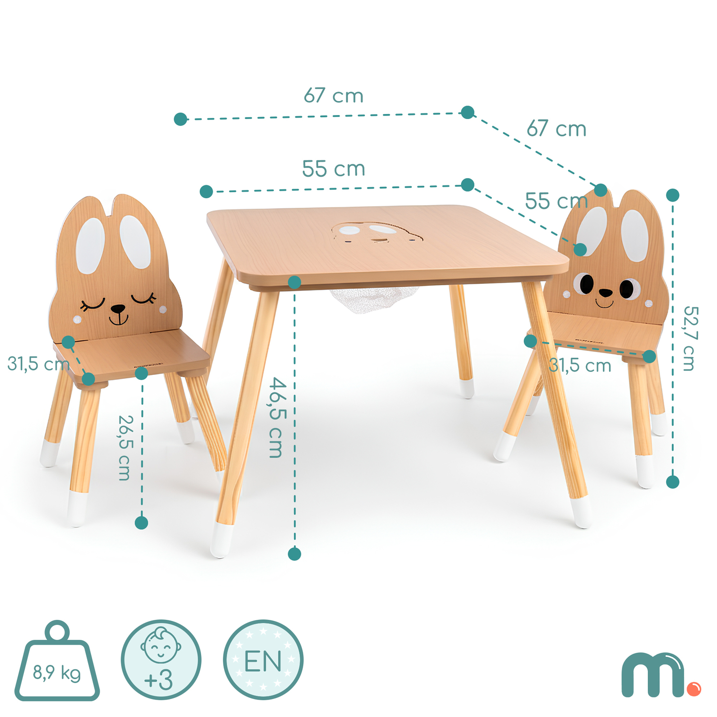 Mesa de madera con almacenaje y 2 sillas Conjunto infantil - Conejo Lindo