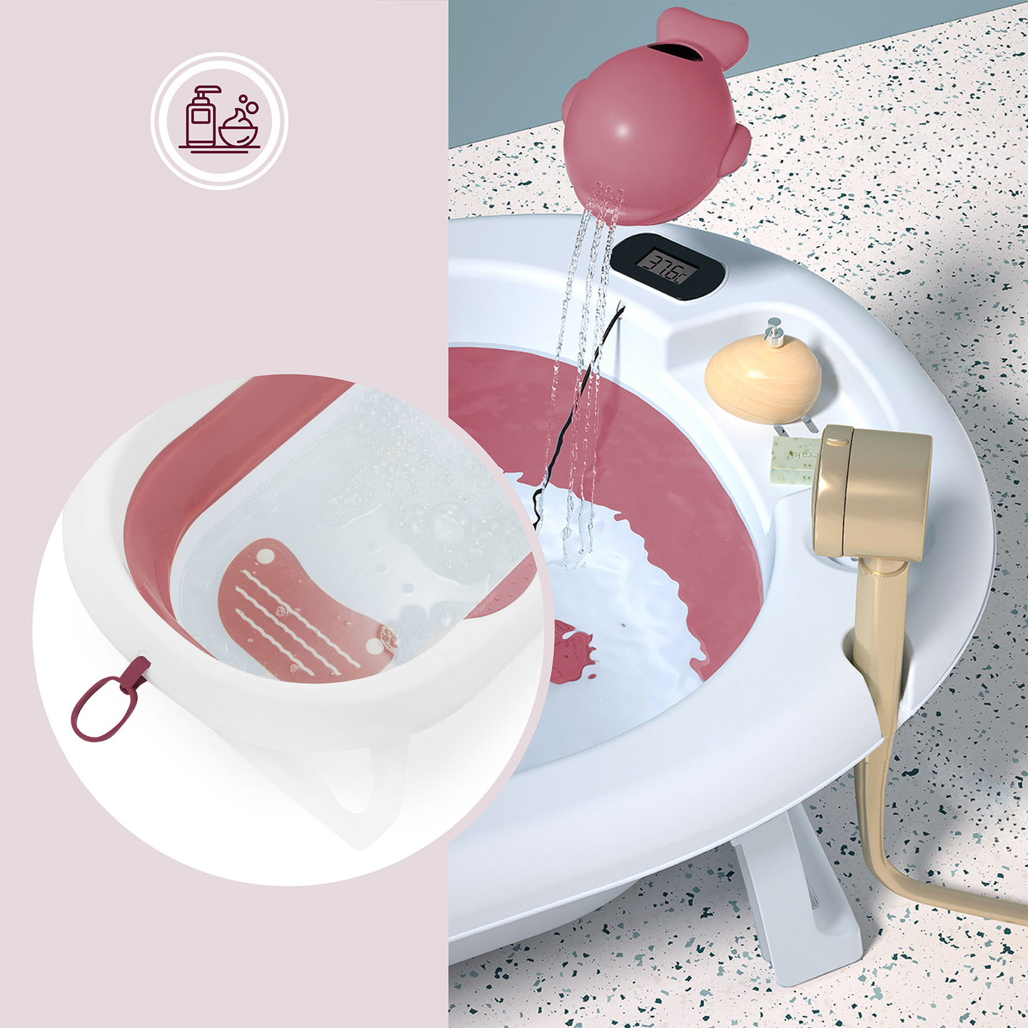 Bañera plegable para bebés con termómetro, inserto y soporte - color rosa sucio