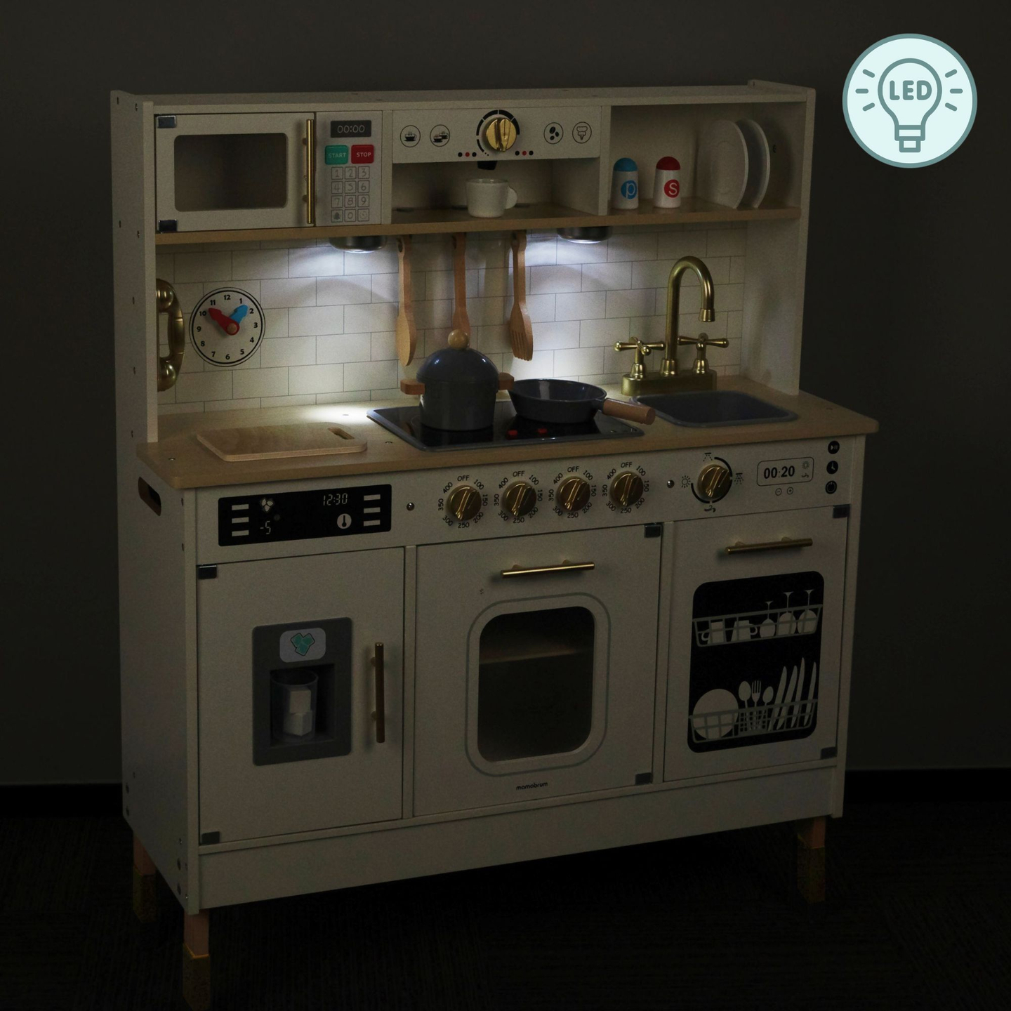 Cocina interactiva de madera XXL con accesorios e iluminación LED - dos niveles