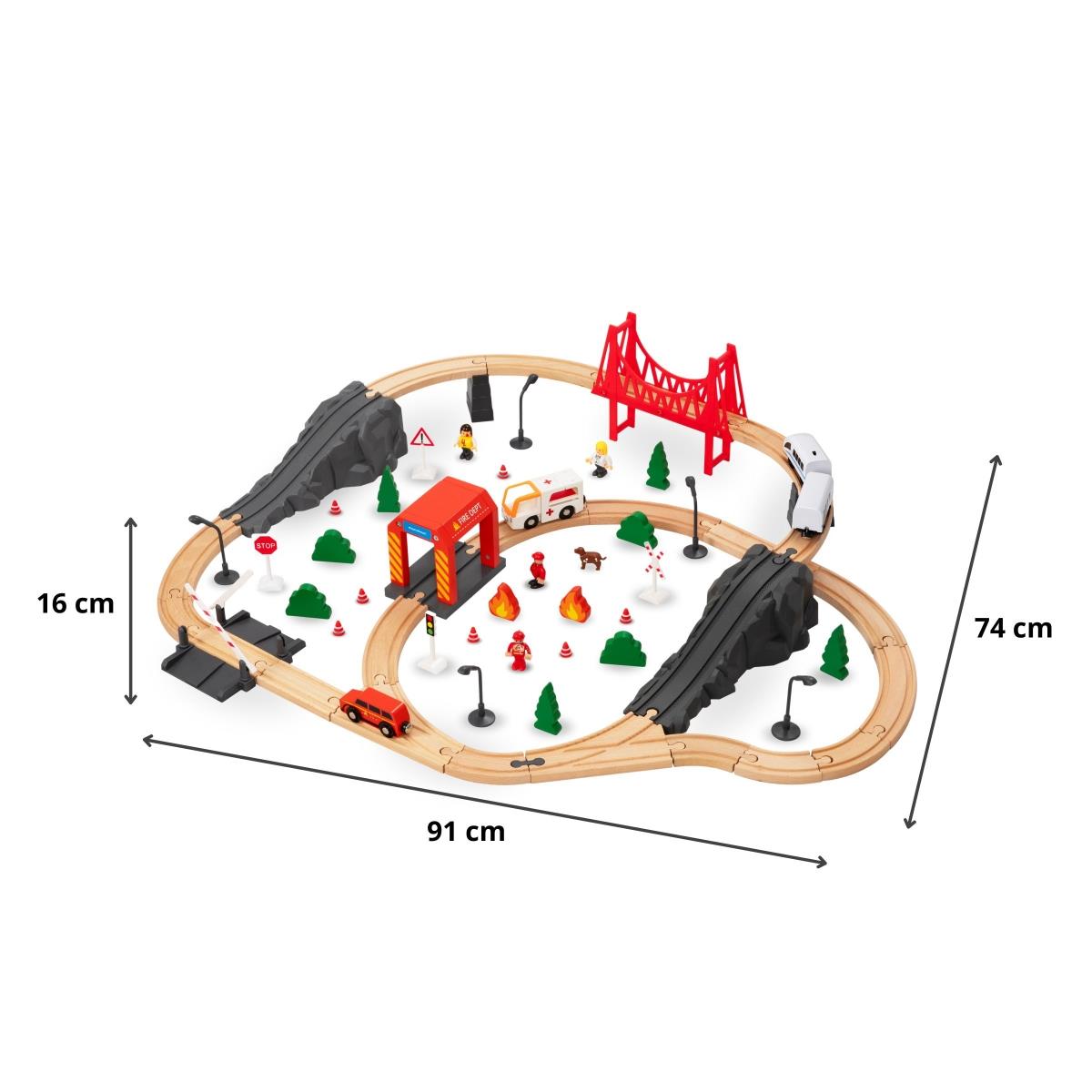 Tren de madera, tren a batería - Bomberos, vías, vagones, puentes, barrera
