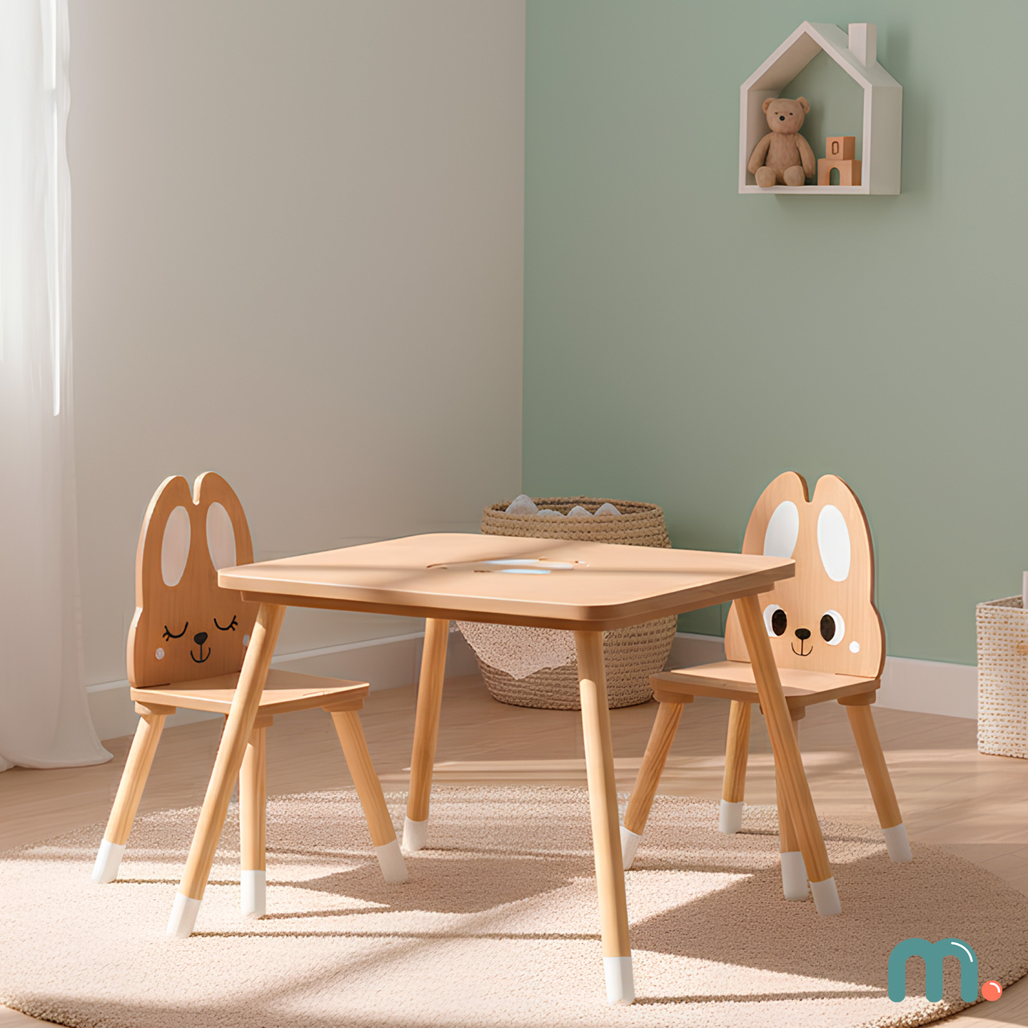 Mesa de madera con almacenaje y 2 sillas Conjunto infantil - Conejo Lindo