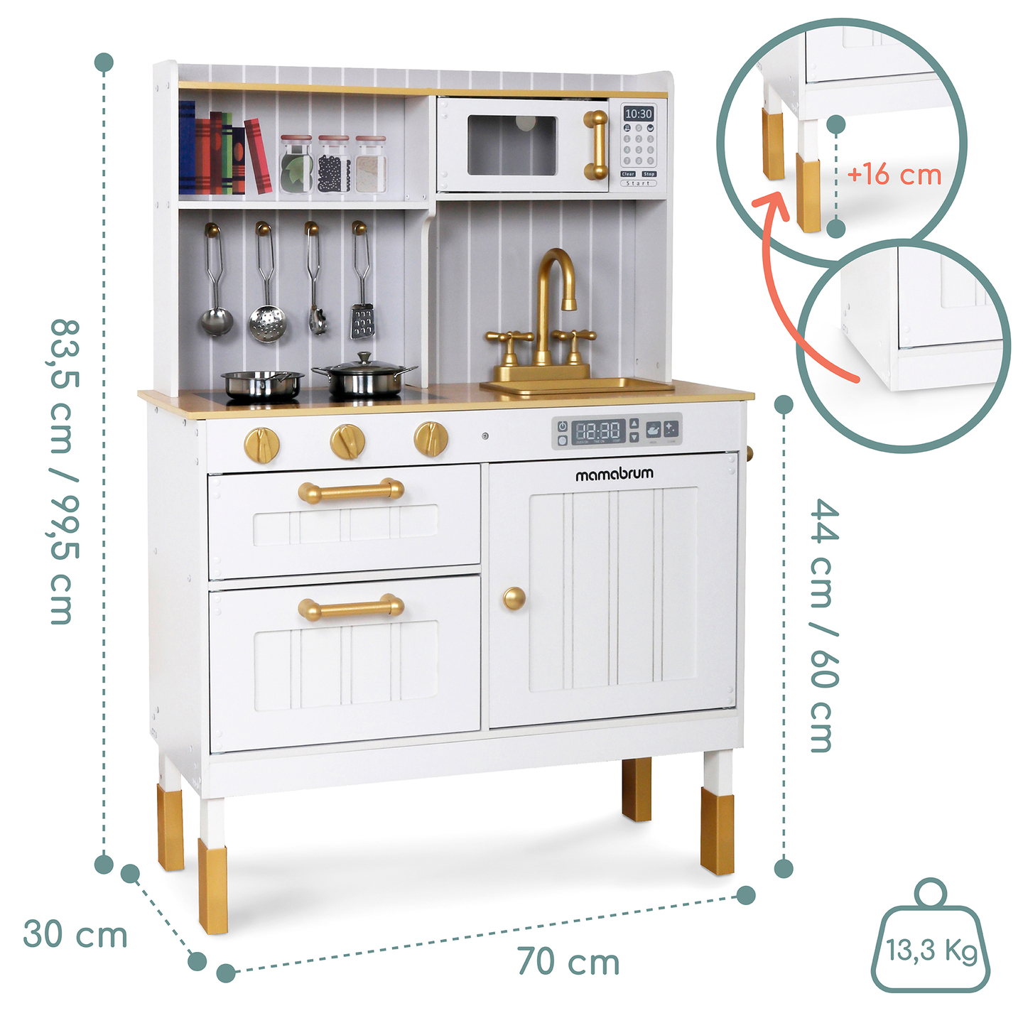 Cocina blanca de madera con accesorios y delantal