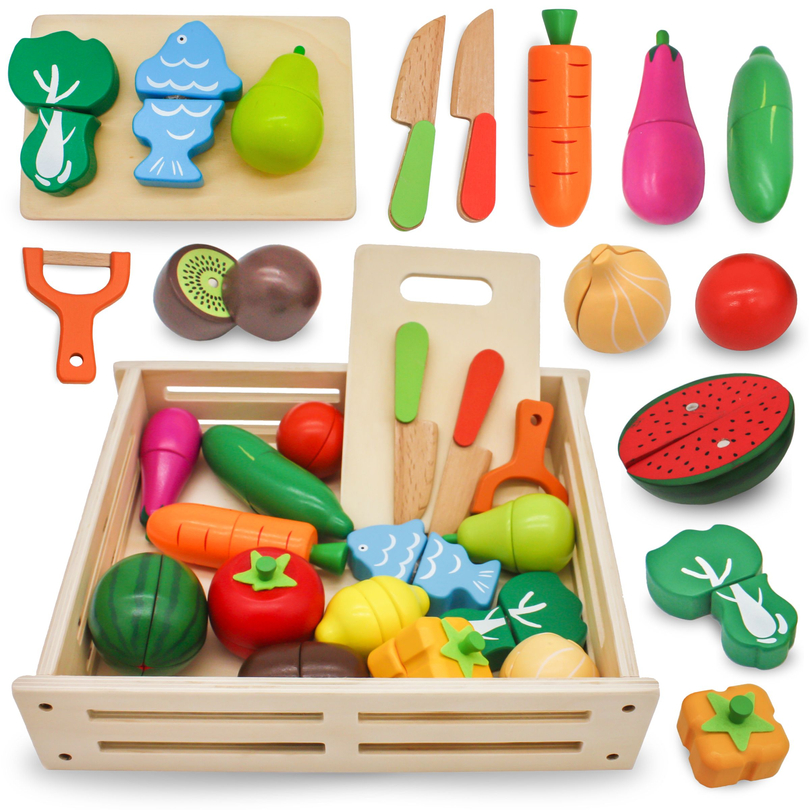 Frutas y verduras de madera para cortar.