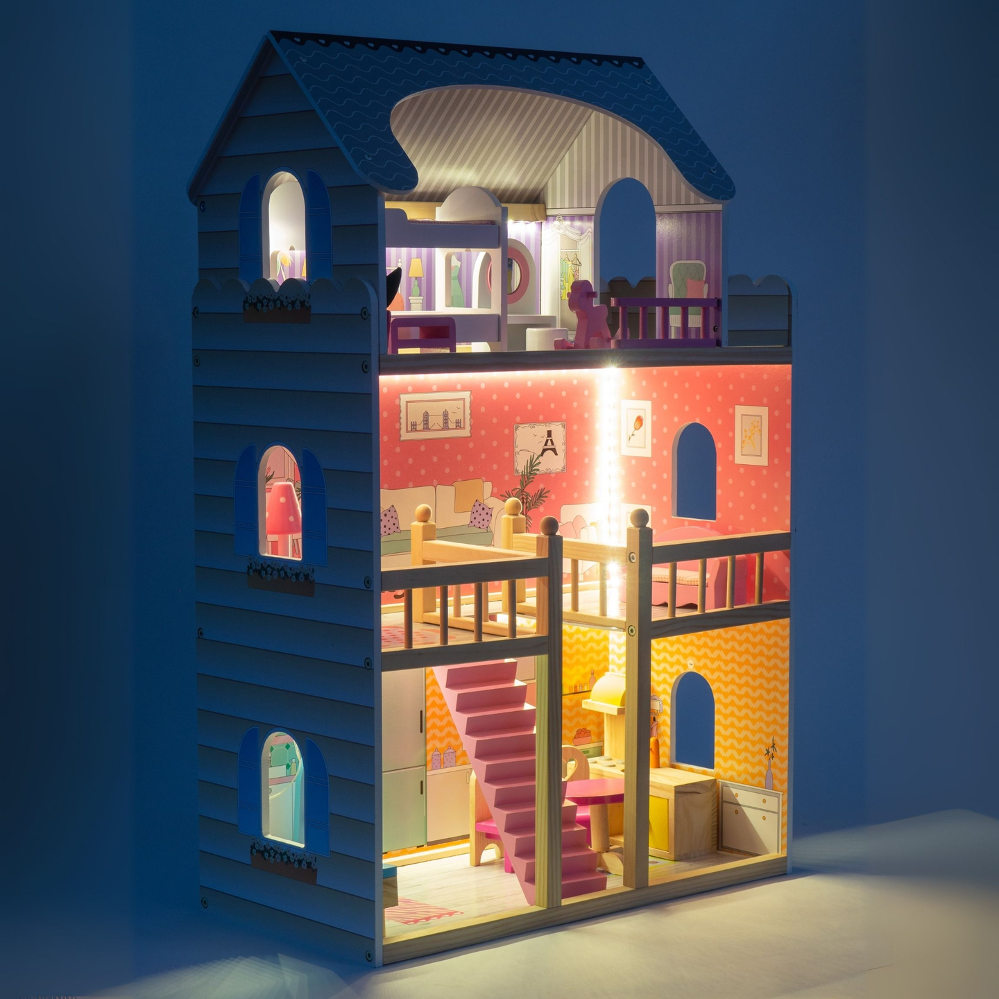 ¡Gran casa de muñecas de madera de 3 pisos con terraza, juego de muebles e iluminación LED!