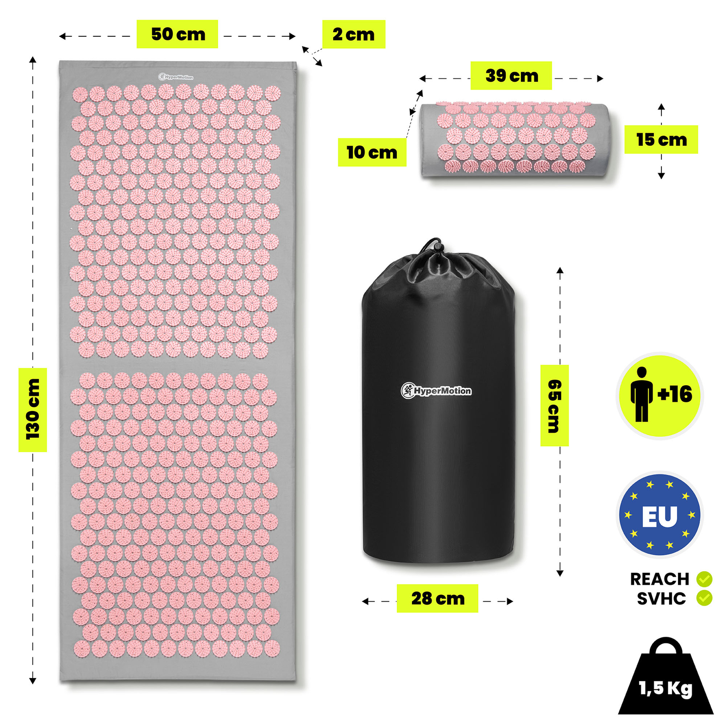 Esterilla de acupresión grande con almohada y funda - 130 cm HyperMotion gris y rosa