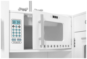 Cocina esquinera de madera XXXL con frigorífico, horno, lavadora, delantal y accesorios.