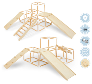Gran parque infantil de madera XXL: tobogán, escalera, rocódromo, cubos para escalar