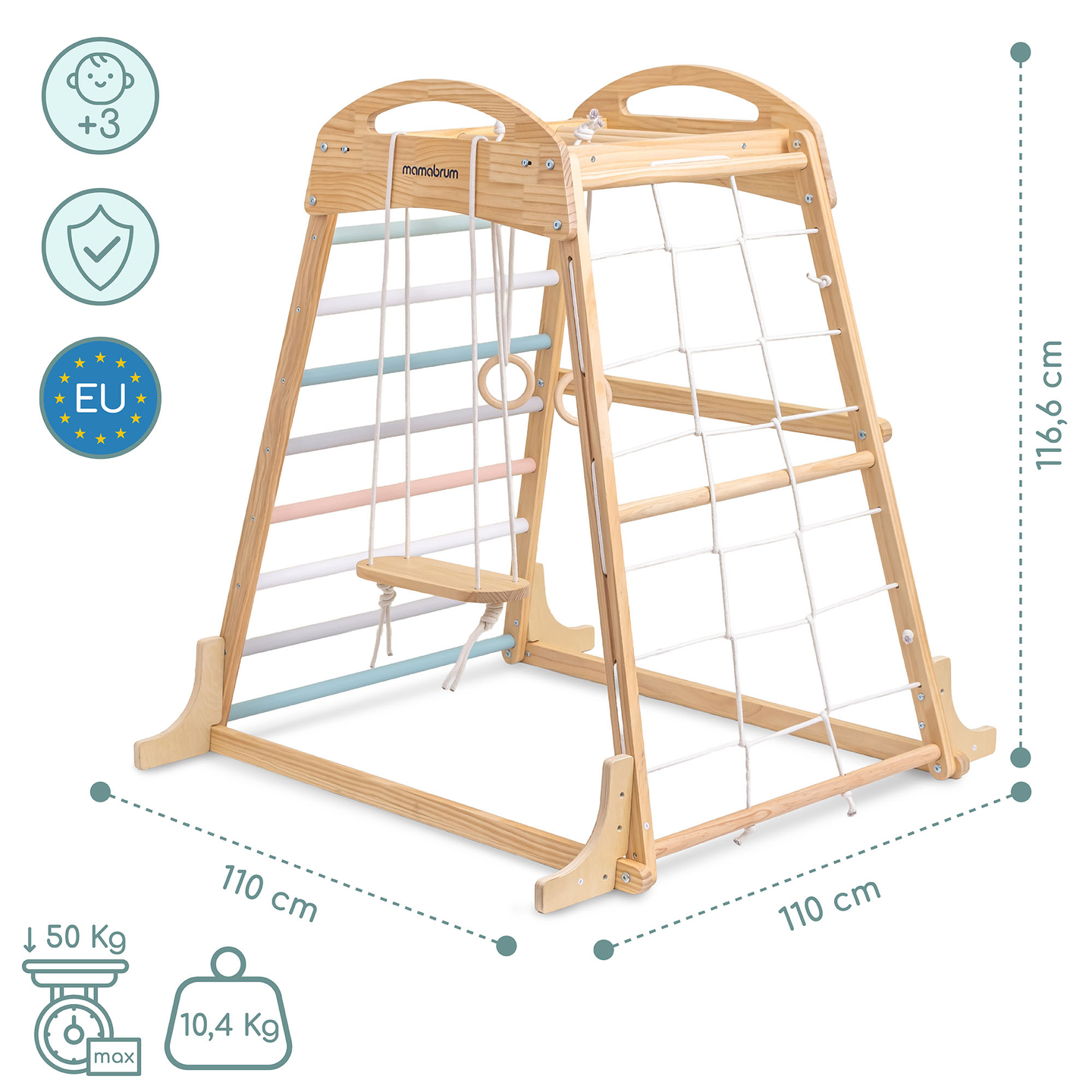 Parque infantil interior de madera con columpio, anillos de gimnasia y red de escalada.