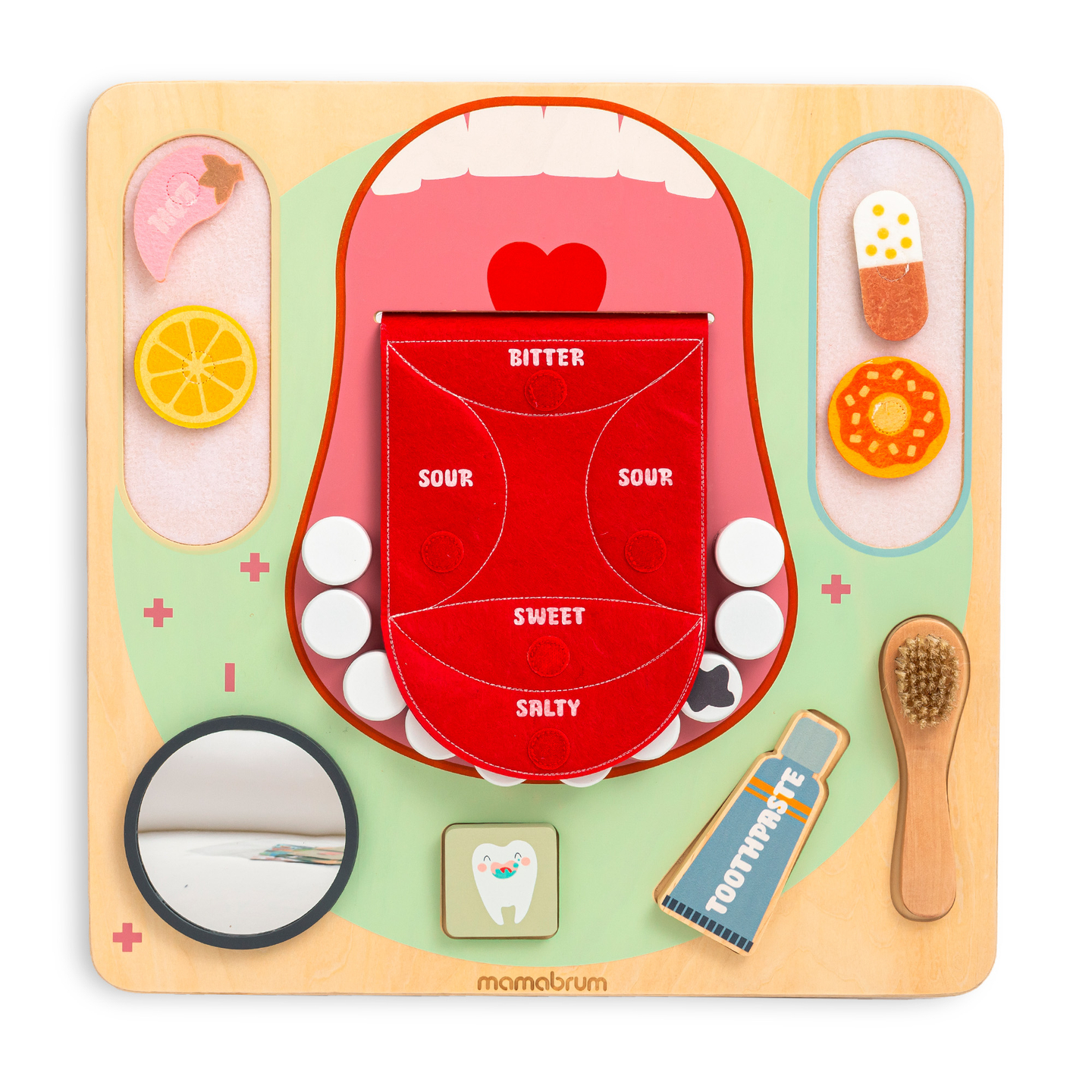 Tablero educativo Montessori de madera Pequeño Dentista: cepillo de dientes, pasta, dientes extraíbles, espejo, comida, sabores de aprendizaje