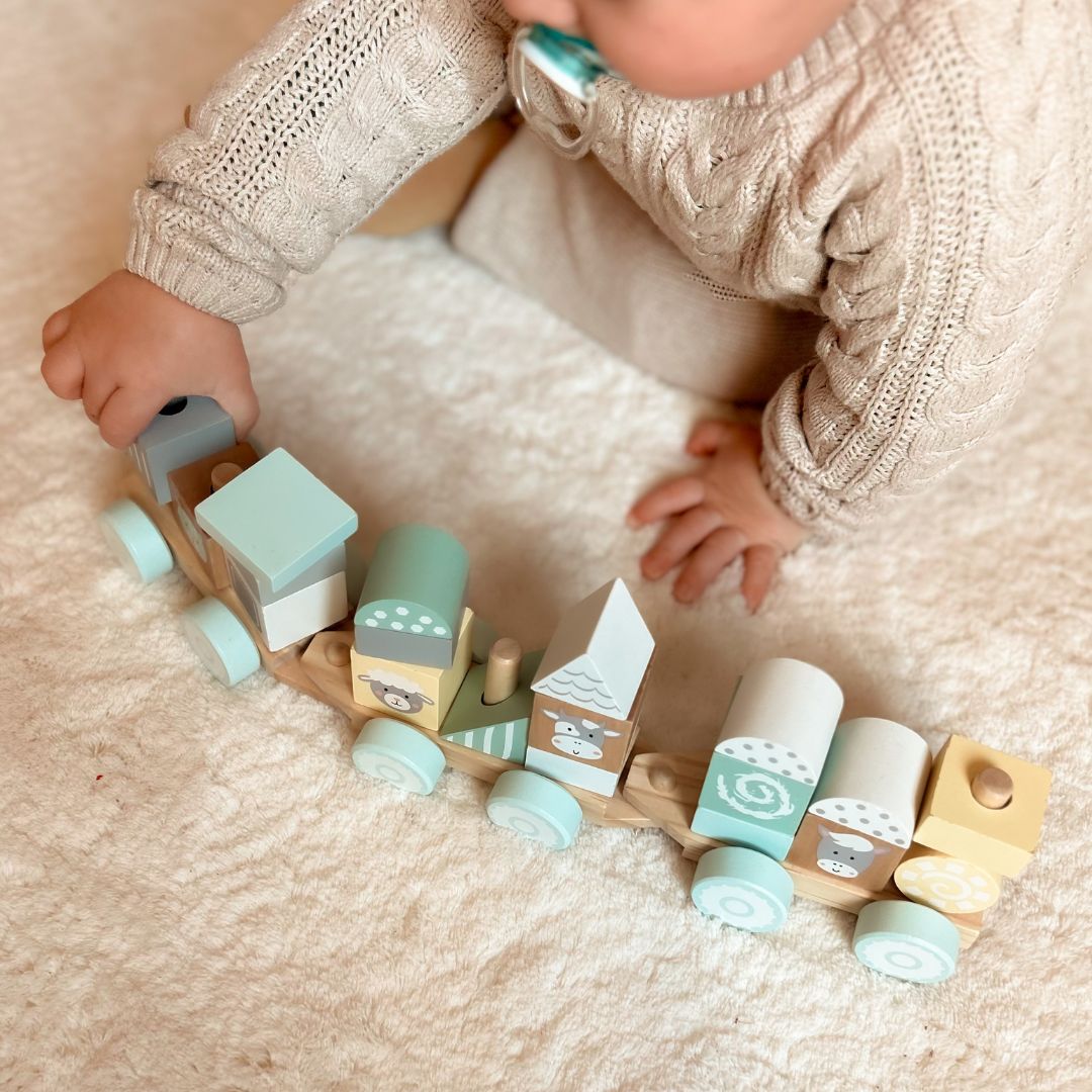 Tren de madera con bloques para niño - Granja