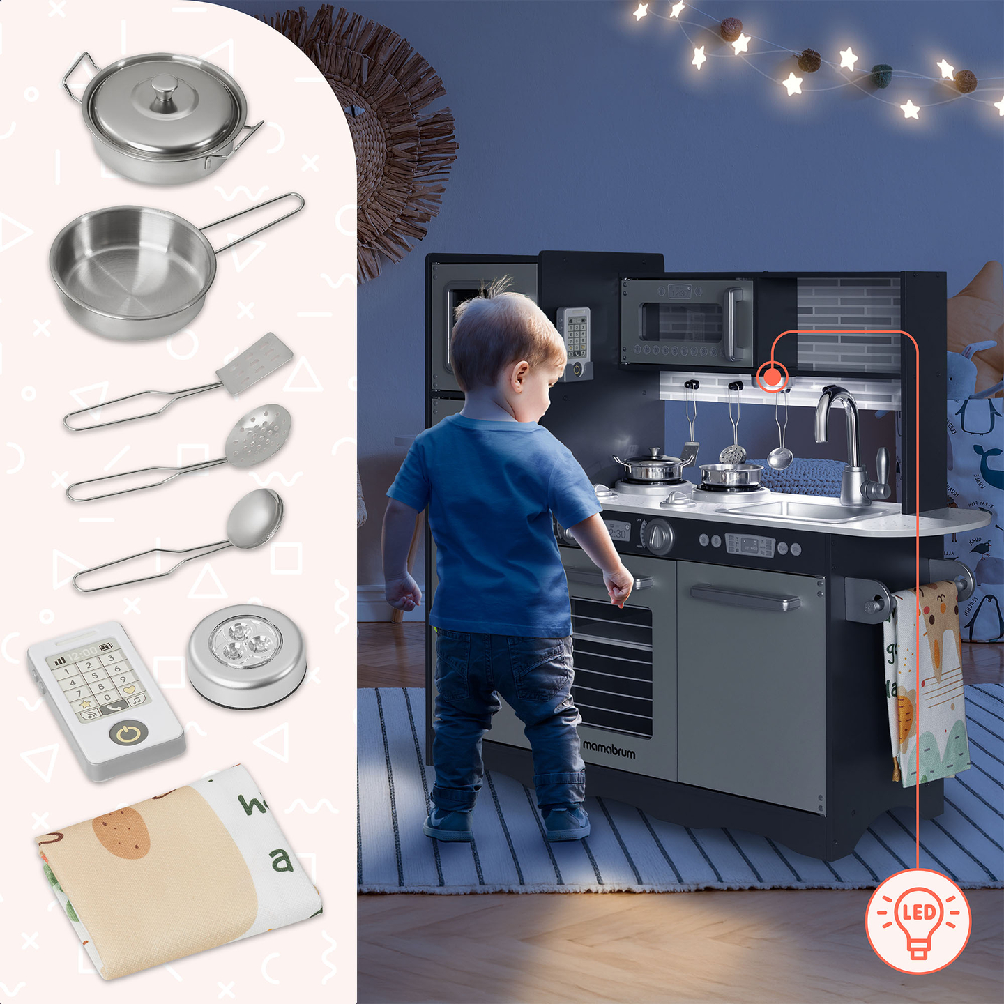 Cocina XXL de madera con iluminación LED, delantal y accesorios.