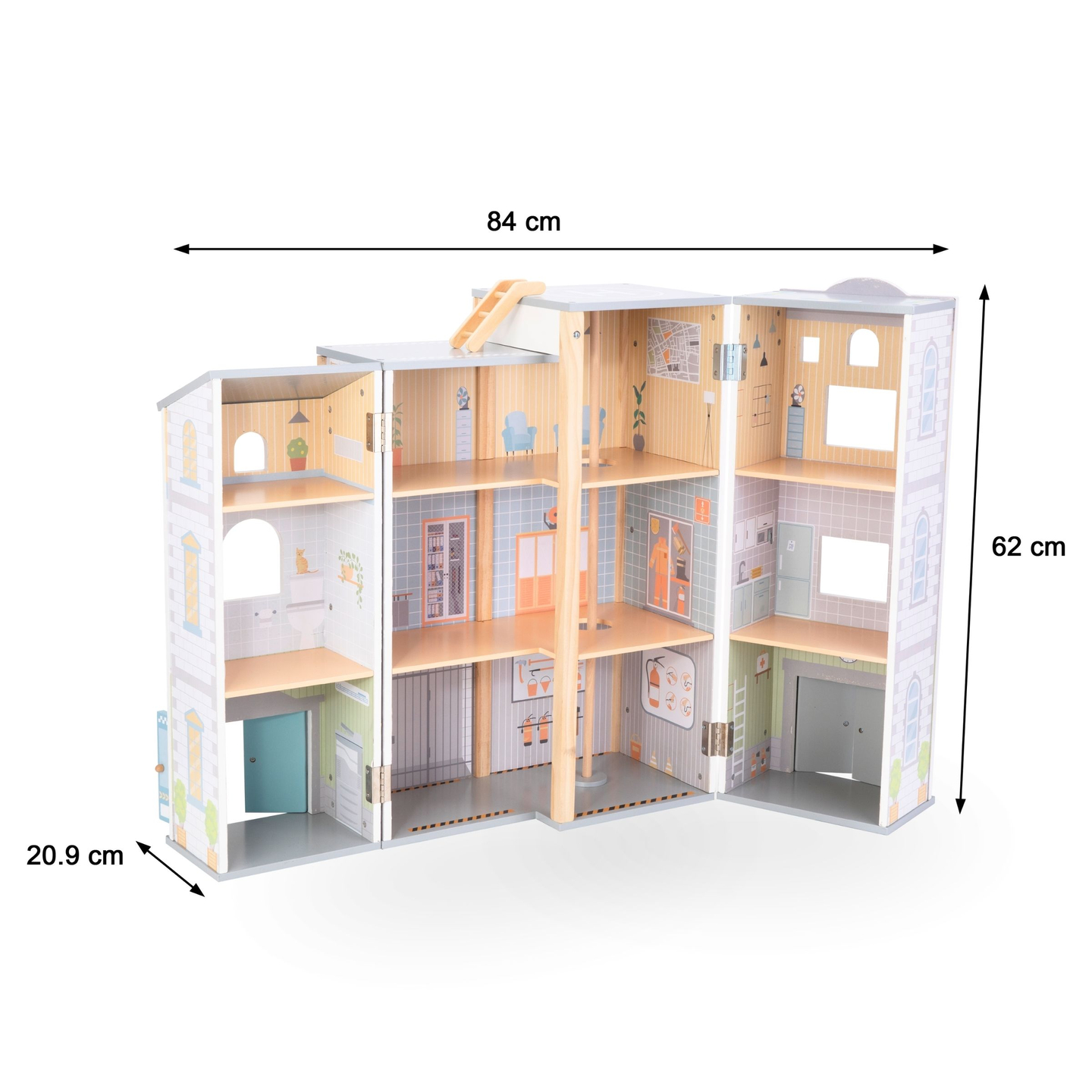 Gran parque de bomberos plegable con comisaría de policía - juego de madera. Bomberos y comisaría de policía con accesorios.