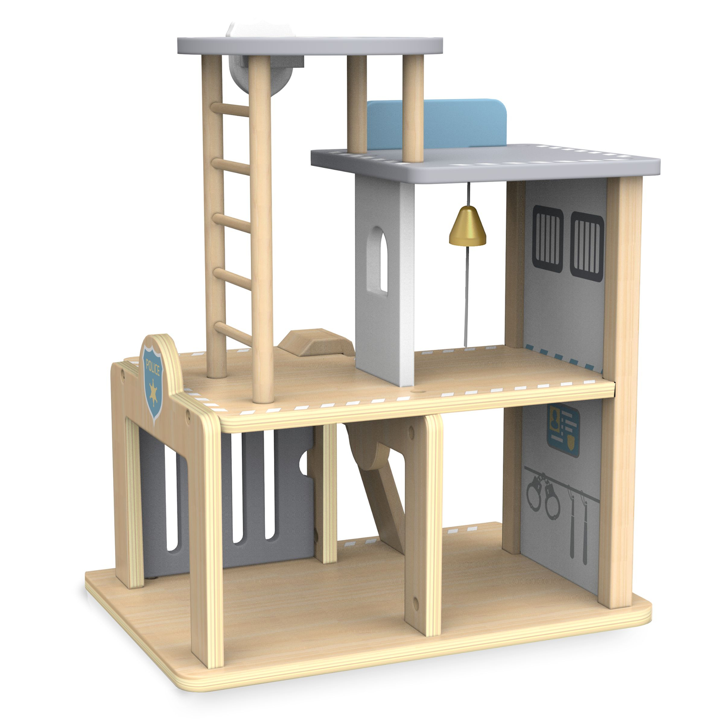 Comisaría de policía de madera con accesorios.