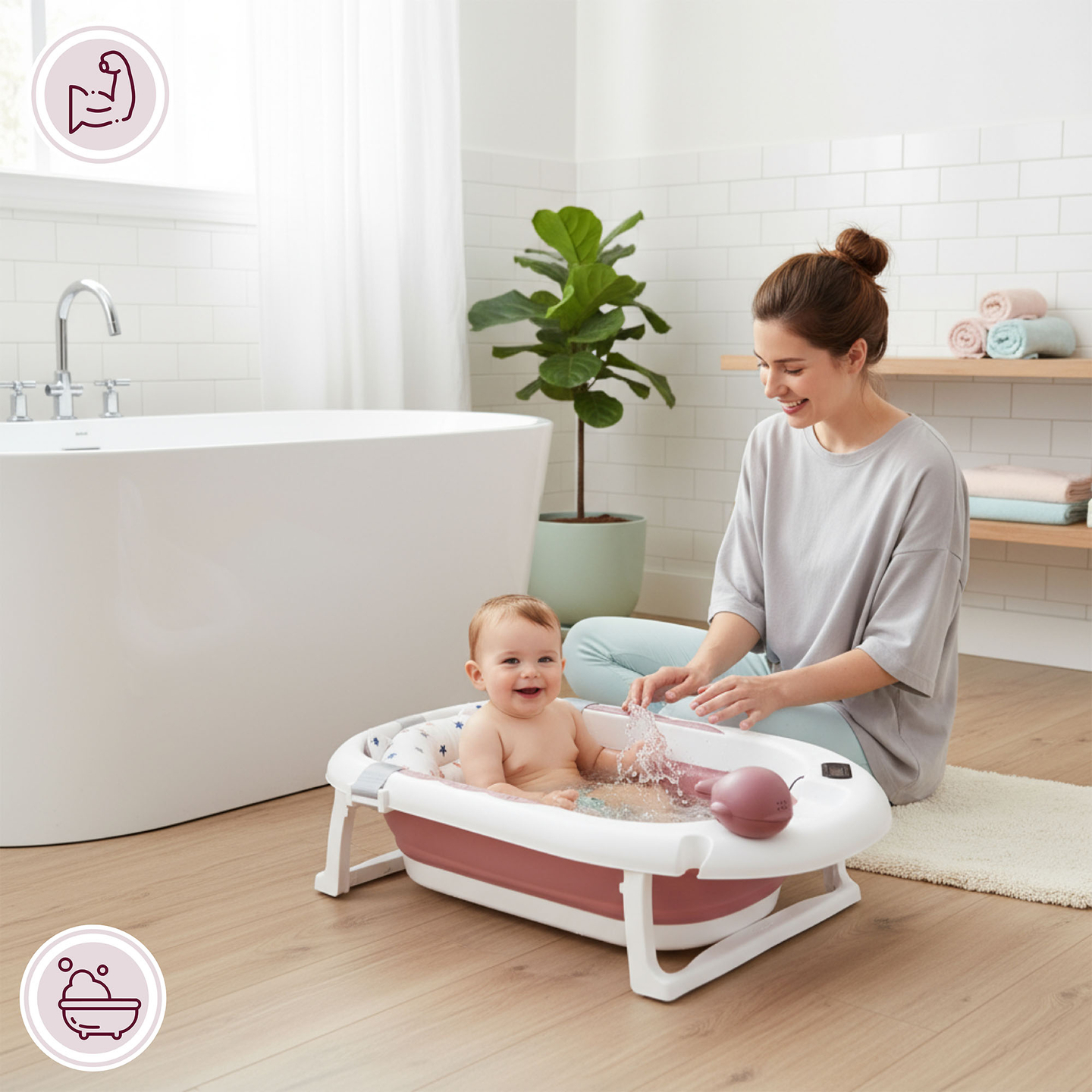 Bañera plegable para bebés con termómetro, inserto y soporte - color rosa sucio