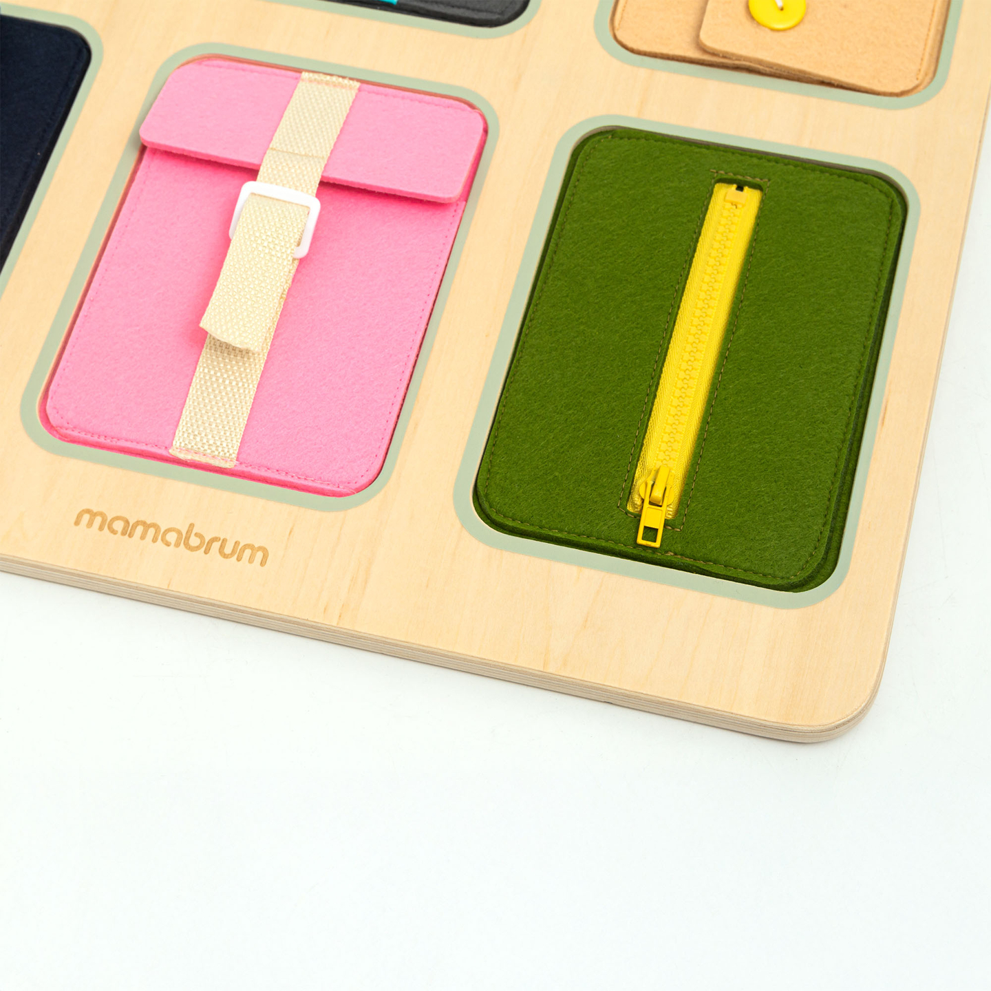 Tablero manipulativo Montessori de madera: Aprendizaje sensorial de la independencia - cordones, hebillas, botones, broches, cremallera