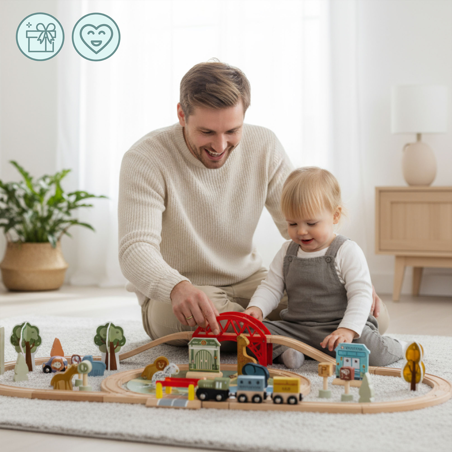 Tren de madera del zoológico: rompecabezas, tren, vías, animales, puente, barrera