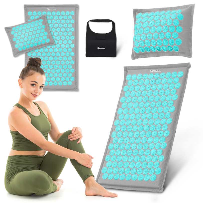 Esterilla de acupresión de lino ecológico con fibra de coco y cojín de trigo sarraceno – 68 cm HyperMotion gris-menta