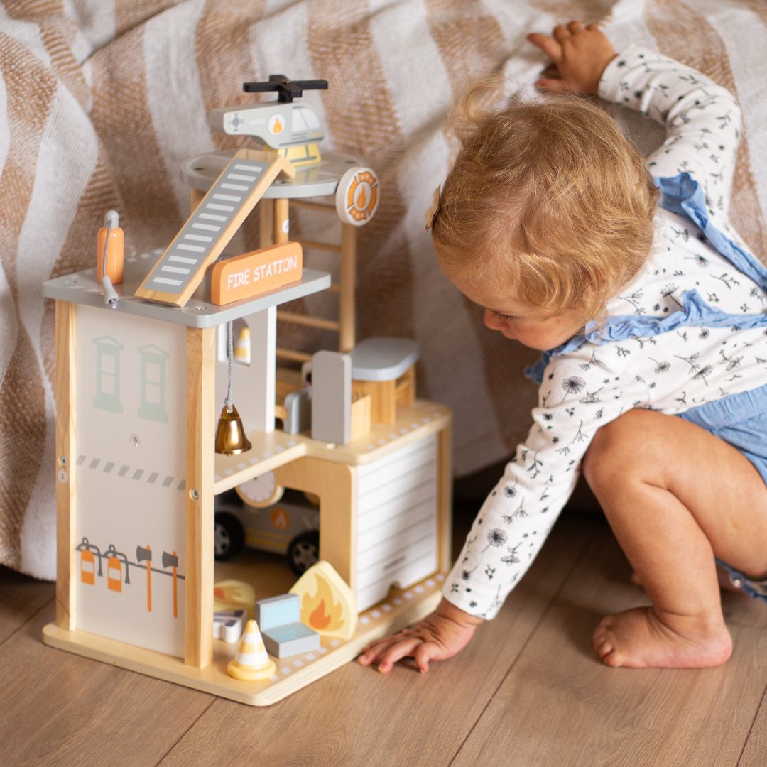 Parque de bomberos de madera con accesorios, parque de bomberos
