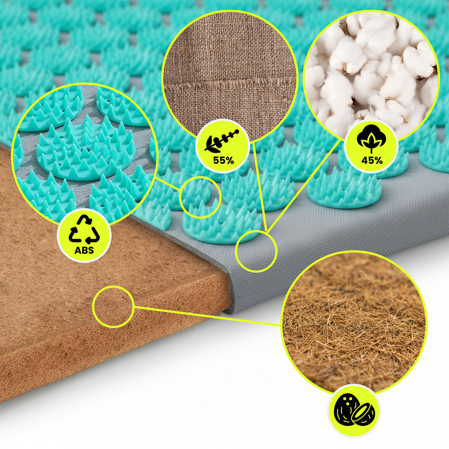 Esterilla de acupresión de lino ecológico con fibra de coco y cojín de trigo sarraceno – 68 cm HyperMotion gris-menta