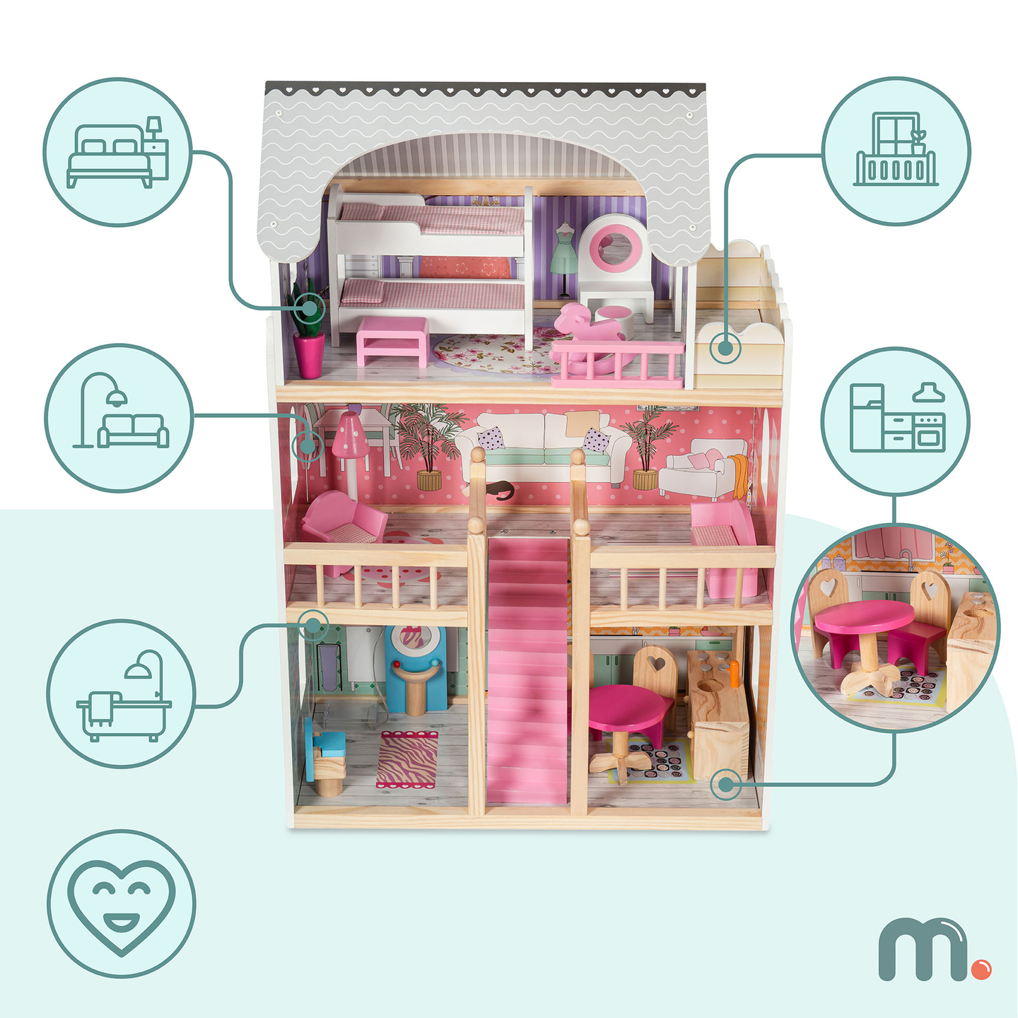 ¡Gran casa de muñecas de madera de 3 pisos con terraza, juego de muebles e iluminación LED!