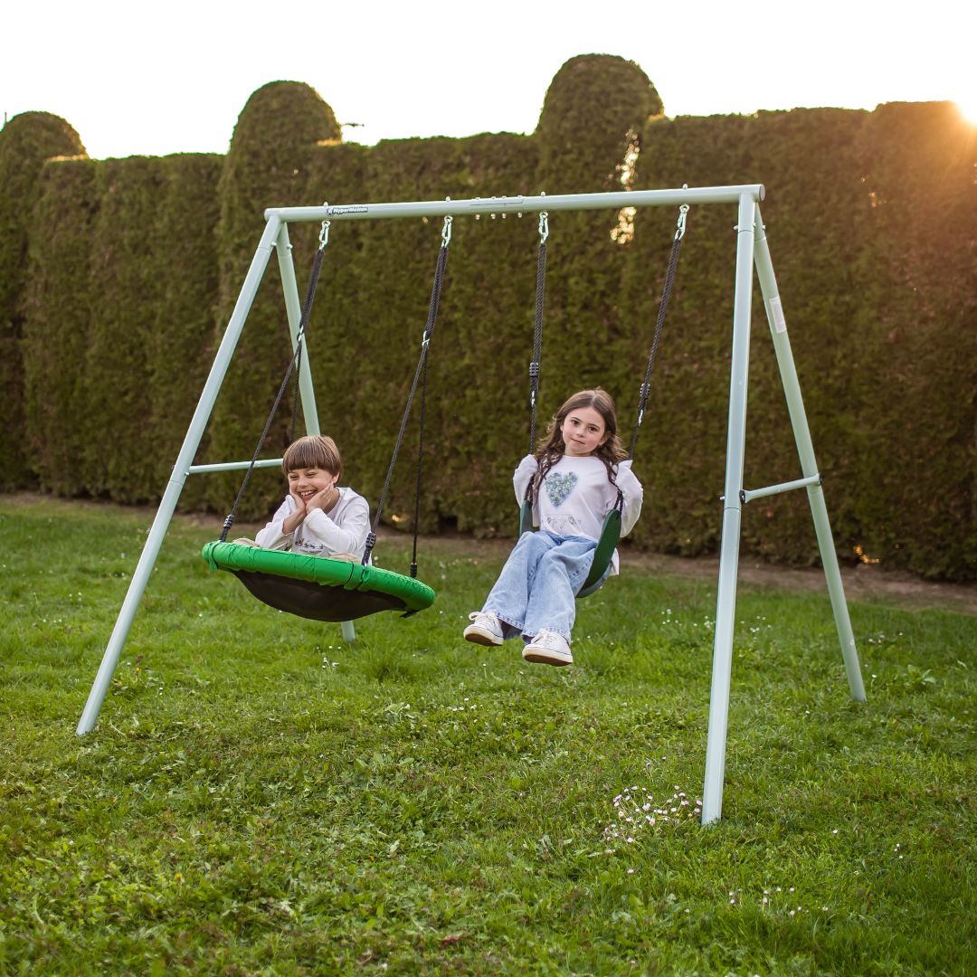 Columpio de jardín doble con estructura y cuerdas - asiento y nido de cigüeña