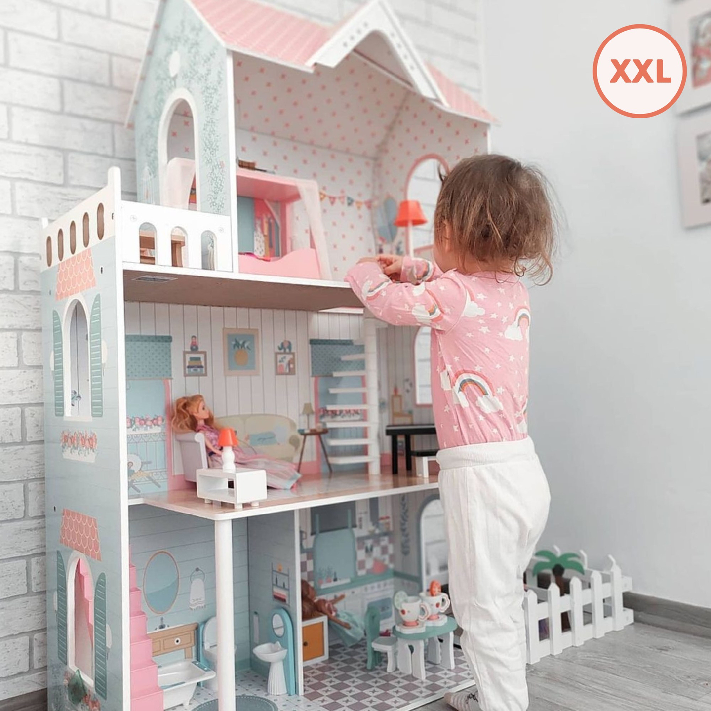 XXL La casa de muñecas de madera más grande - 123 cm - iluminada por LED - terraza, accesorios, jardín
