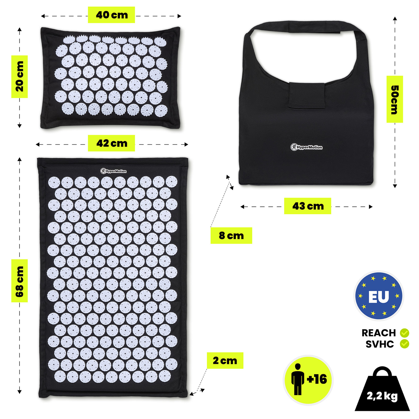 Esterilla de acupresión de lino ecológico con fibra de coco y cojín de trigo sarraceno – 68 cm HyperMotion Blanco y Negro