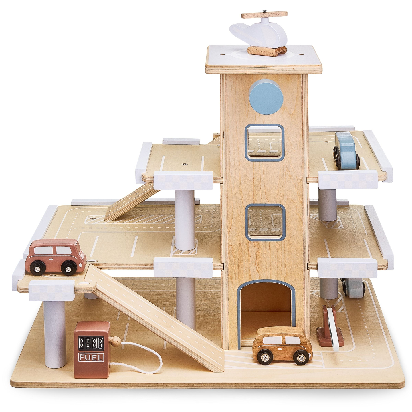 Estacionamiento de madera de tres niveles con ascensor - garaje para autos y helicóptero