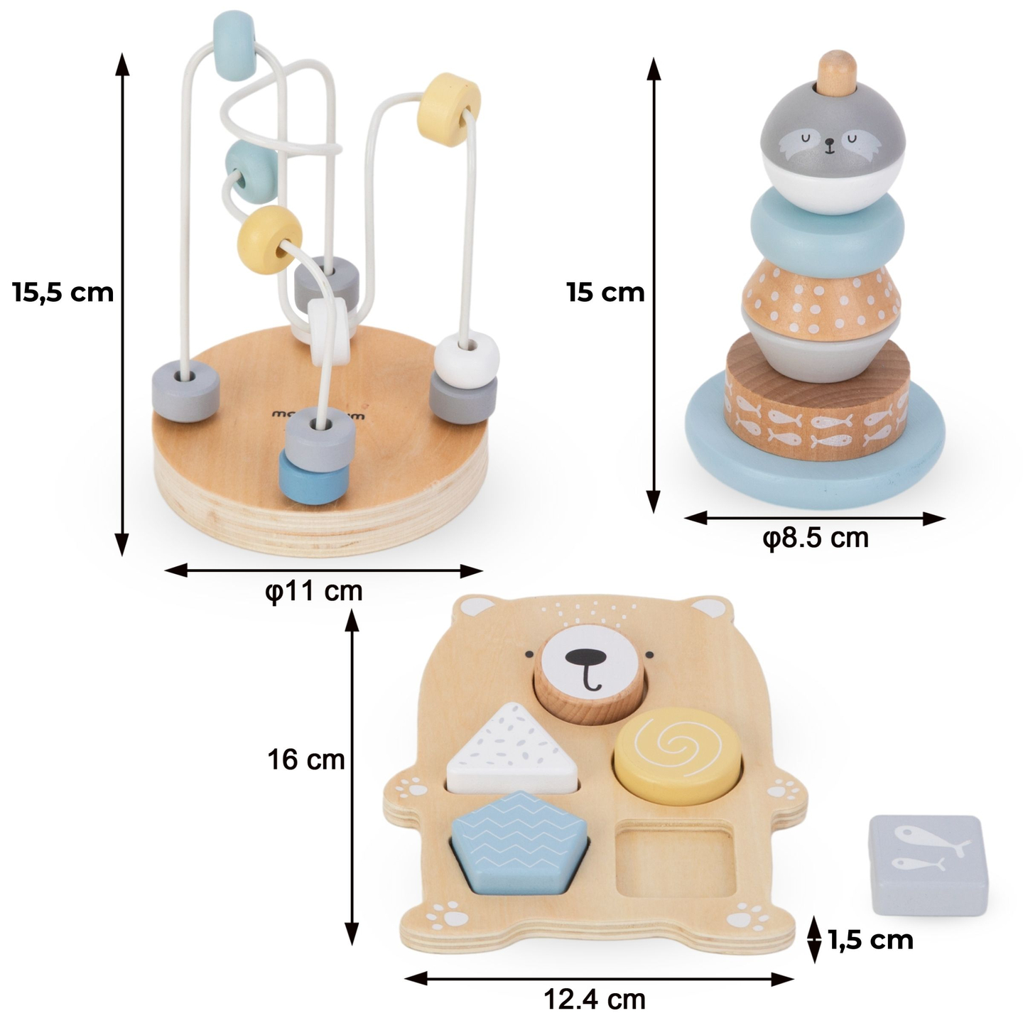 Un juego de juguetes de madera: un entrelazado de colores, una pirámide de focas y un clasificador de ositos de peluche.