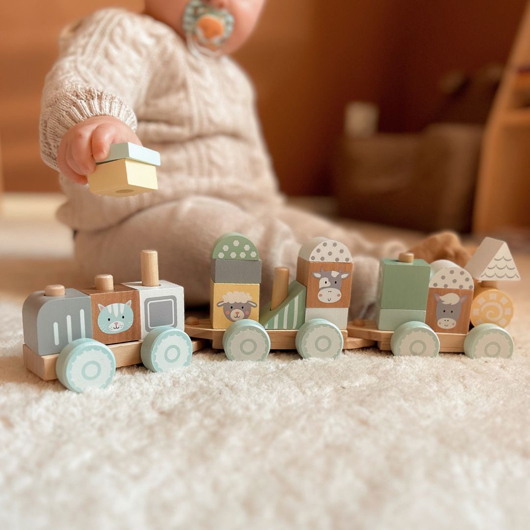 Tren de madera con bloques para niño - Granja