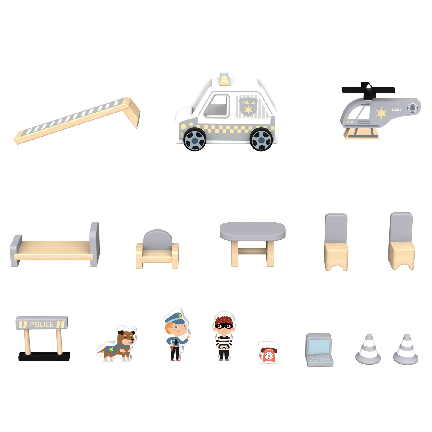 Comisaría de policía de madera con accesorios.