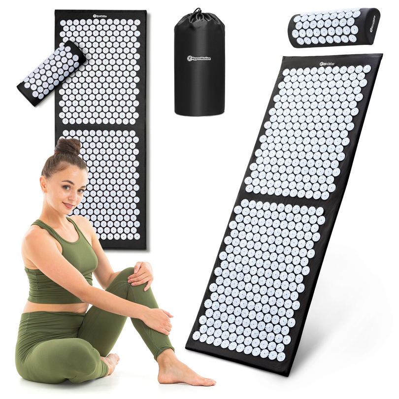 Esterilla de acupresión grande con almohada y funda - 130 cm HyperMotion blanco y negro