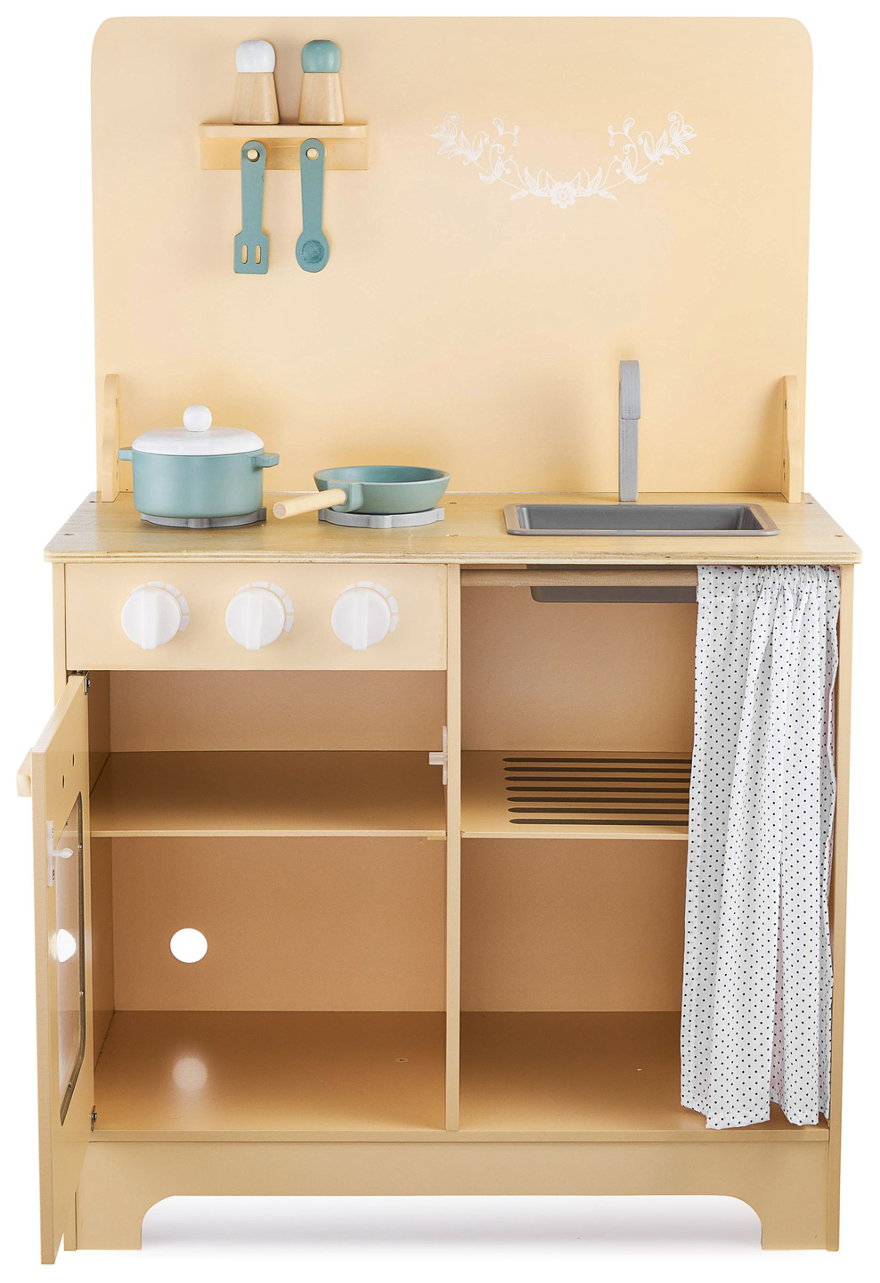 Cocina de madera con delantal, complementos e iluminación LED.