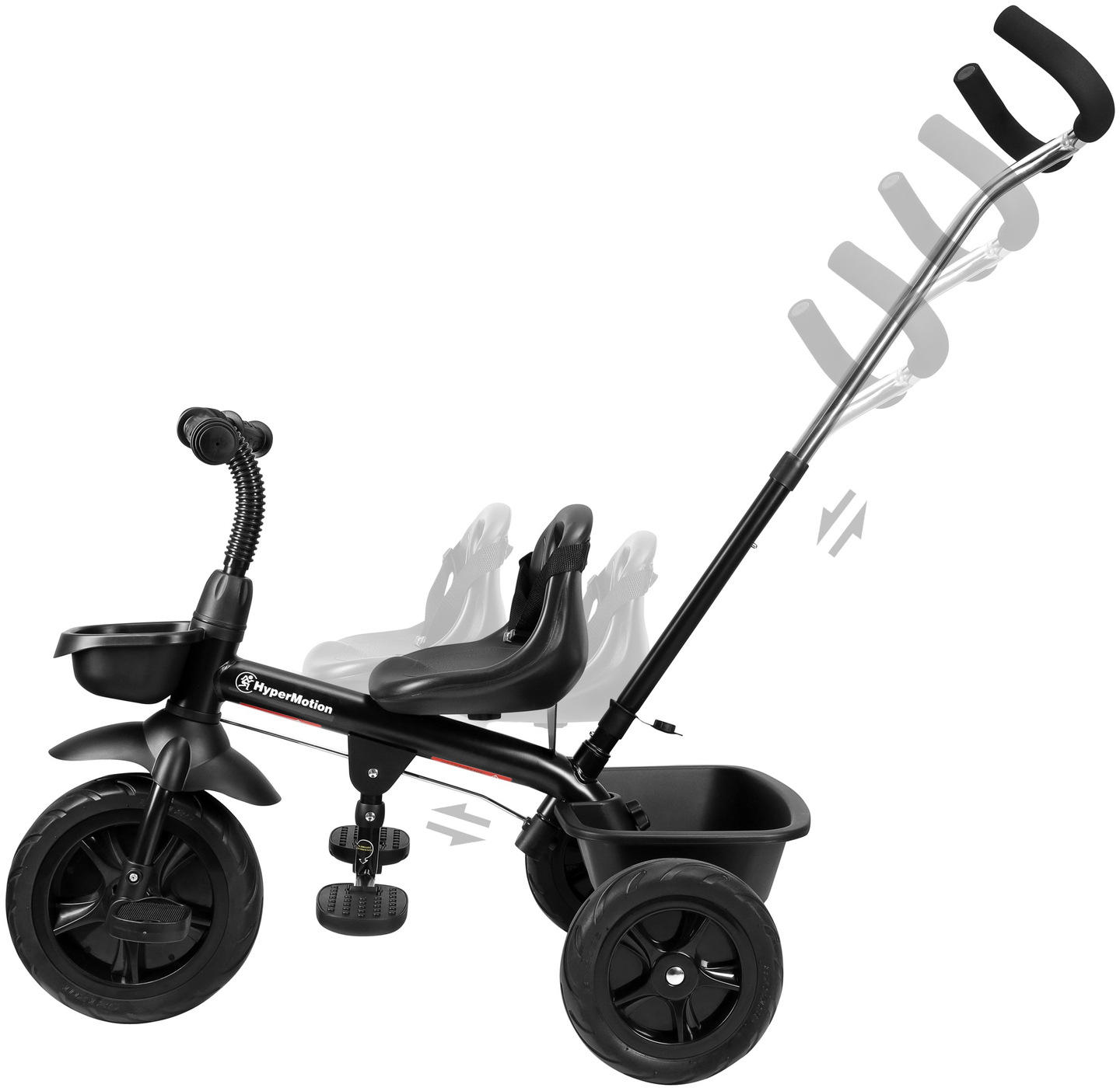 Triciclo HyperMotion TOBI VECTOR: ruedas infladas permanentemente + empujador. De color negro.