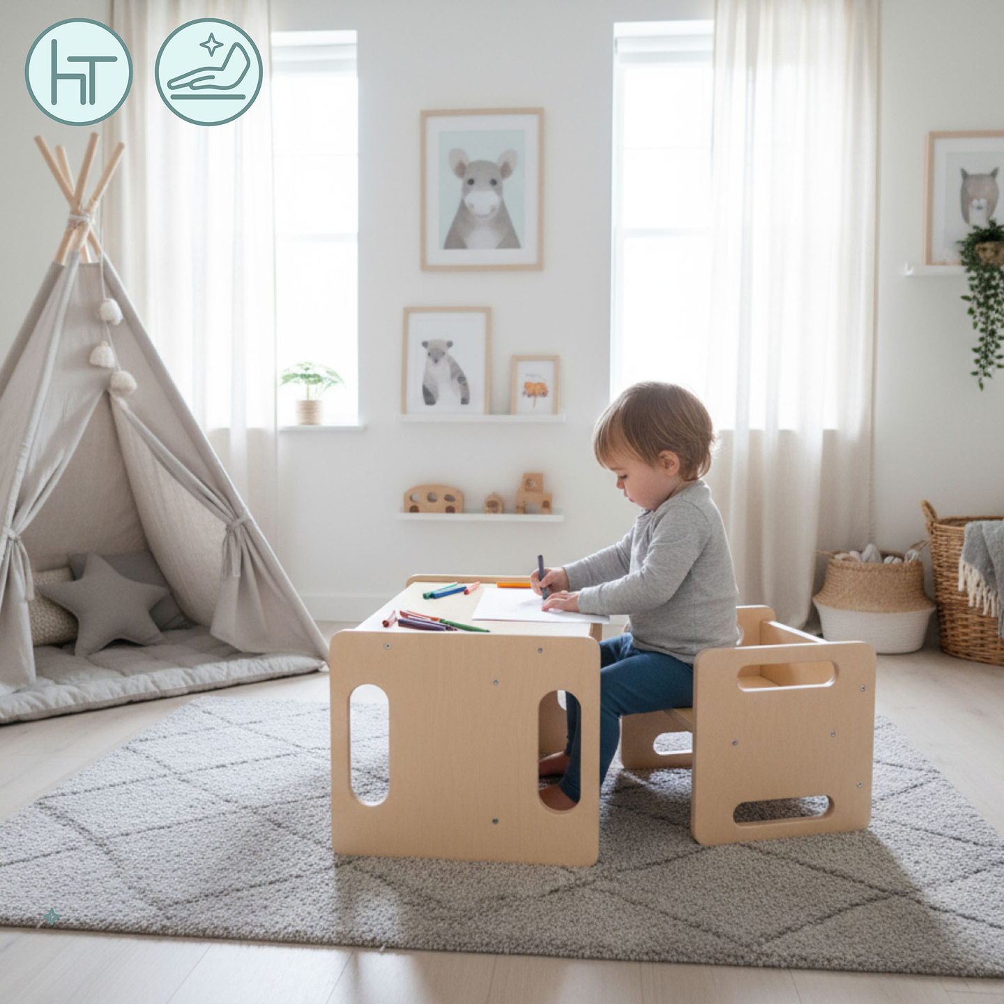 Mesa y silla de madera con función de trampolín: un conjunto Montessori multifuncional para niños