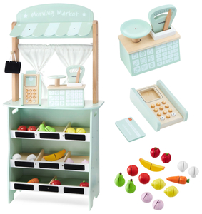 Gran tienda de madera - puesto y teatro 2en1 con báscula, terminal de pago, verduras y frutas