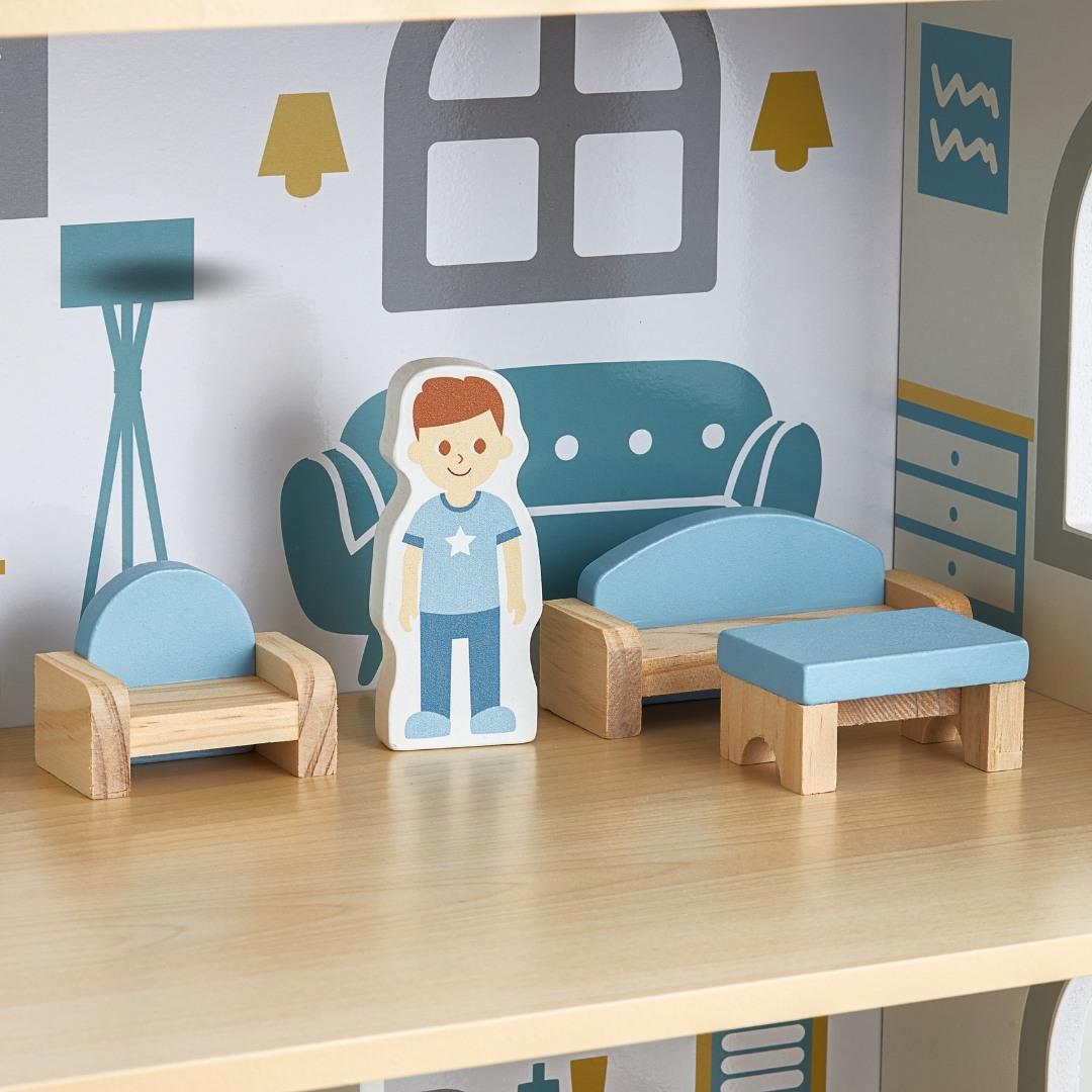 Casa de muñecas de madera blanca con terraza y accesorios