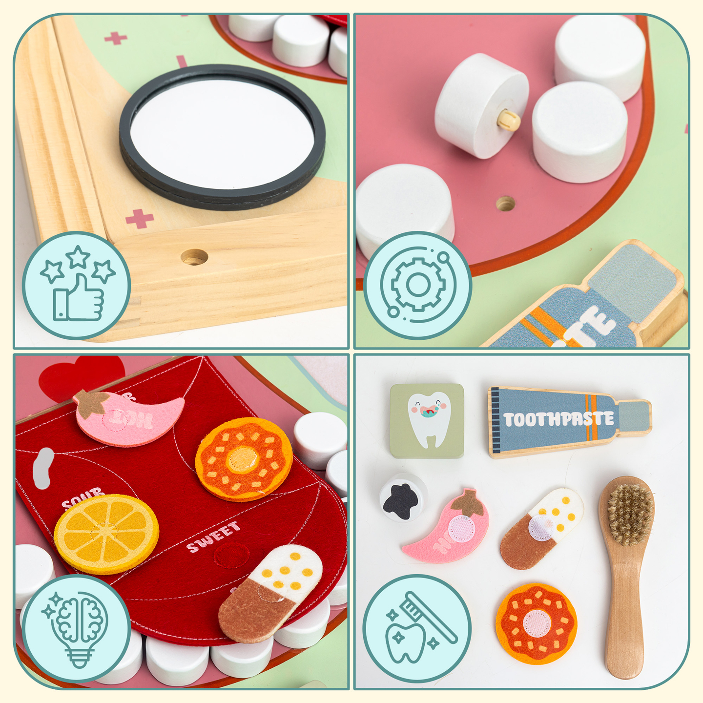 Tablero educativo Montessori de madera Pequeño Dentista: cepillo de dientes, pasta, dientes extraíbles, espejo, comida, sabores de aprendizaje