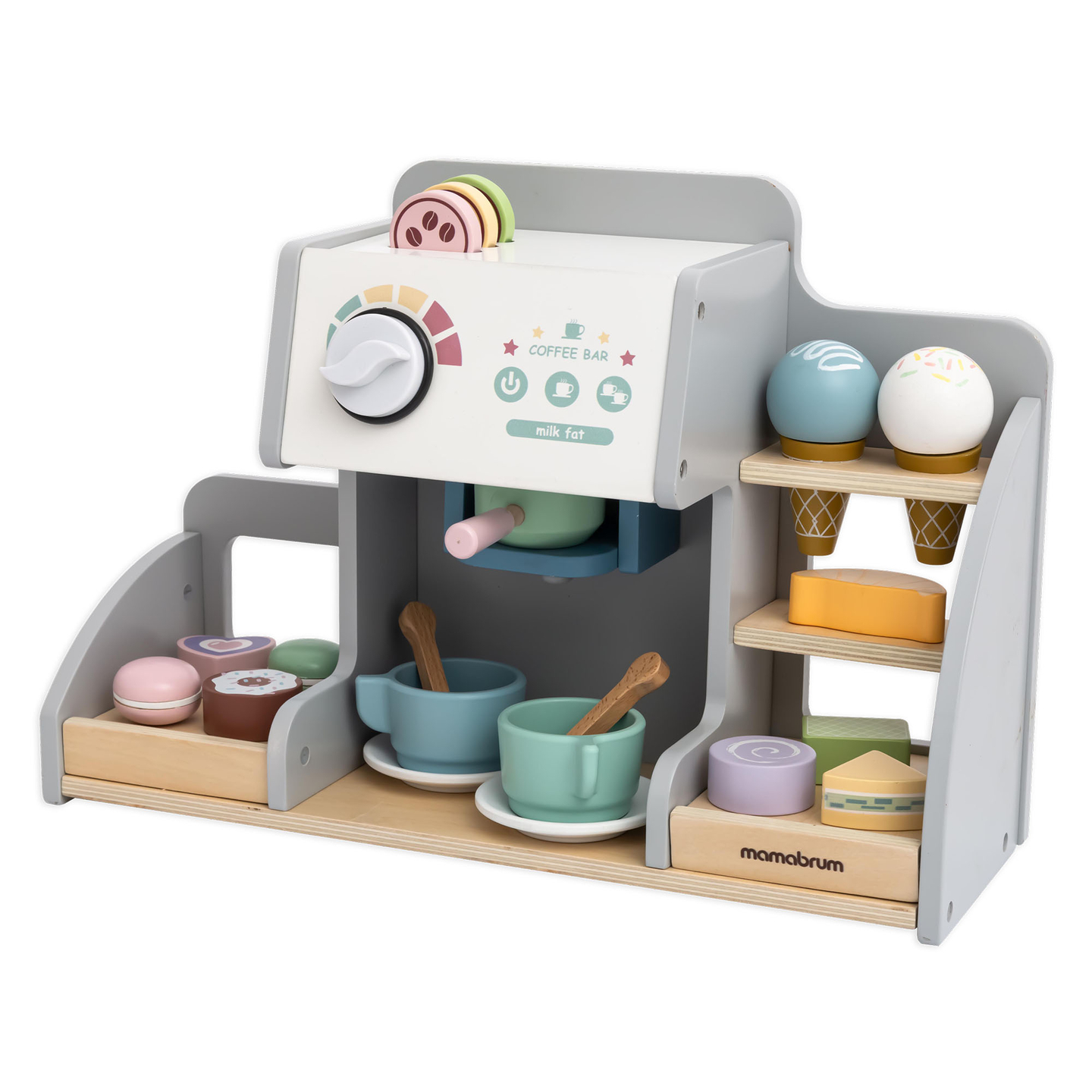 Una gran heladería de madera con pizarra magnética, cafetera y juego de helados y postres: ¡más de 70 piezas!