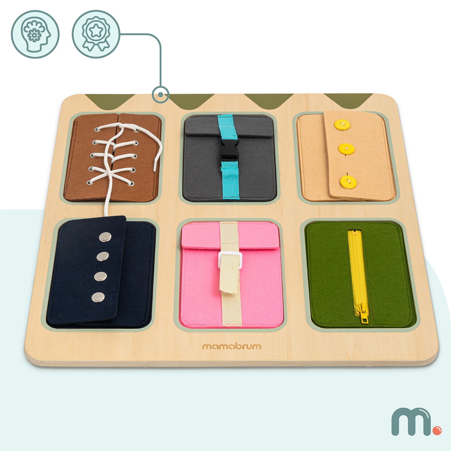 Tablero manipulativo Montessori de madera: Aprendizaje sensorial de la independencia - cordones, hebillas, botones, broches, cremallera