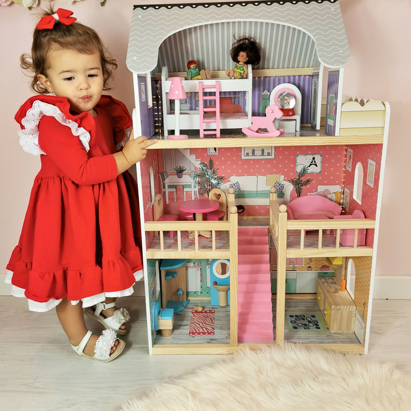 ¡Gran casa de muñecas de madera de 3 pisos con terraza, juego de muebles e iluminación LED!