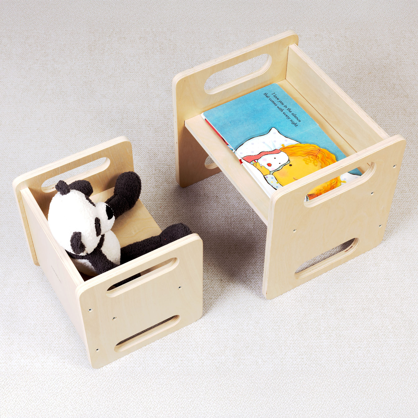 Mesa y silla de madera con función de trampolín: un conjunto Montessori multifuncional para niños