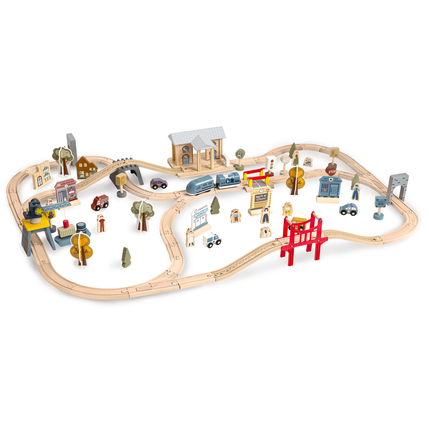 Ferrocarril urbano de madera con tren eléctrico: grúa móvil, barco, puentes