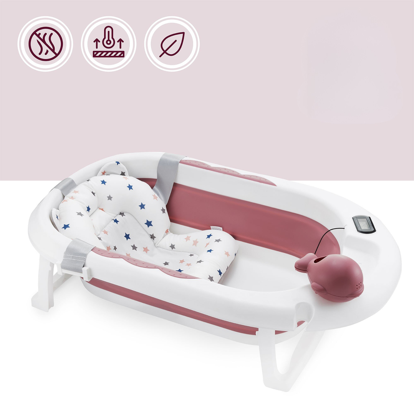 Bañera plegable para bebés con termómetro, inserto y soporte - color rosa sucio