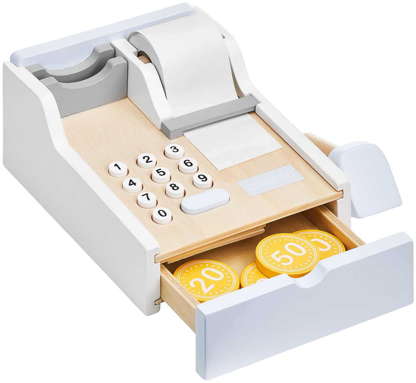 Tienda de comestibles: un puesto de madera con cajas, una caja registradora y una terminal